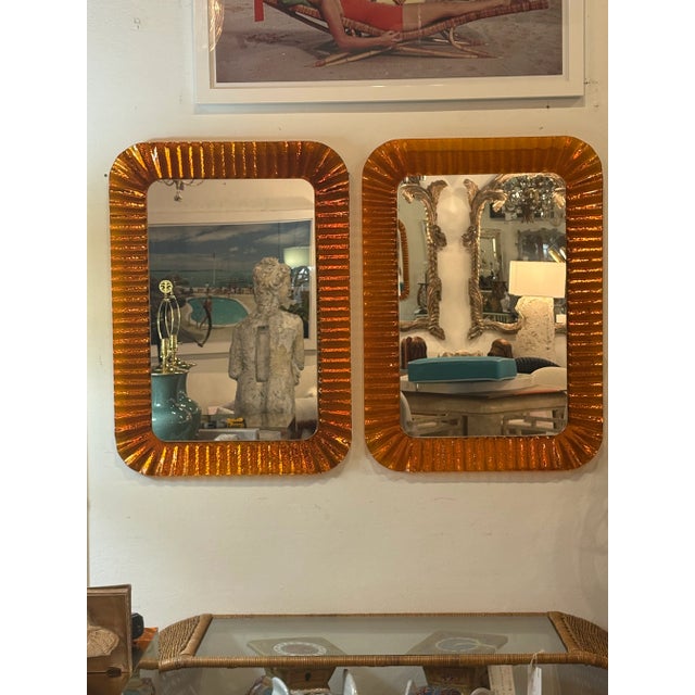 Vintage Italian Glass Pair of Orange Scalloped Wavy Wall Mirrors by Linea Vetro For Sale - Image 13 of 16