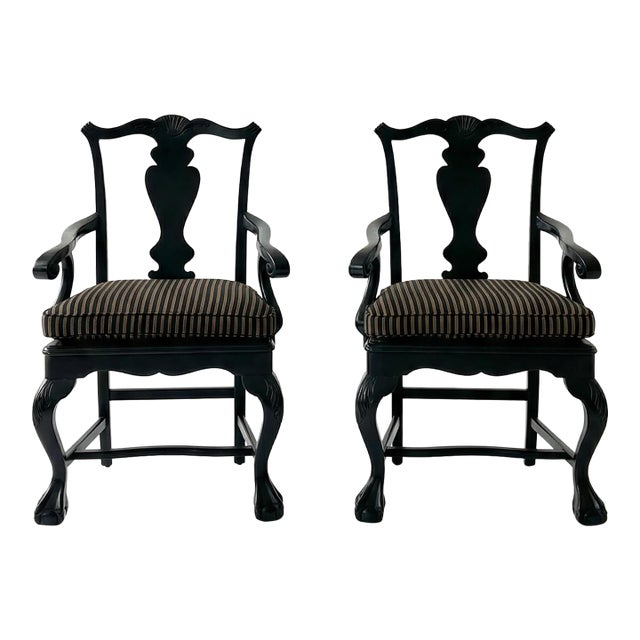 1950s French Revival Black Lacquer Chippendale Arm Chairs With Carved Cabriole Legs For Sale