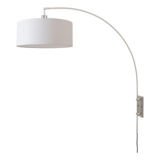 Span Wall Mounted Arc Lamp, Satin Nickel Finish, White Fabric Drum Shade, Modern Design, Dimmable For Sale