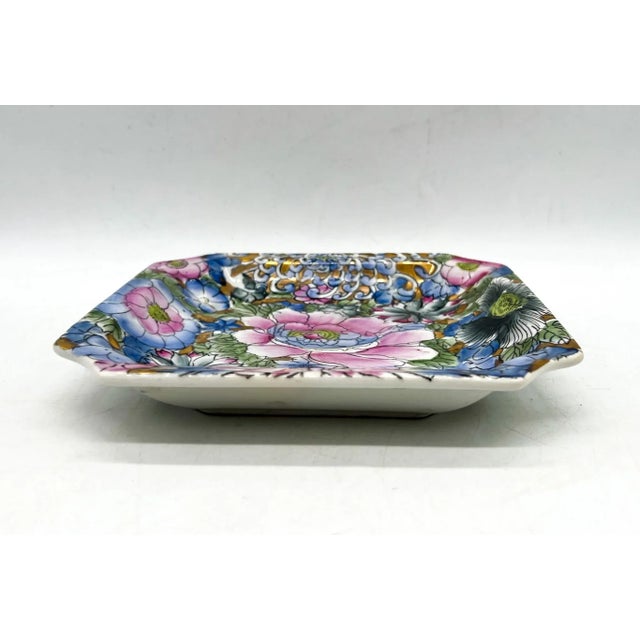20th Century Chinoiserie Blue and Pink Floral Vide Poche/Catchall Dish For Sale - Image 4 of 13