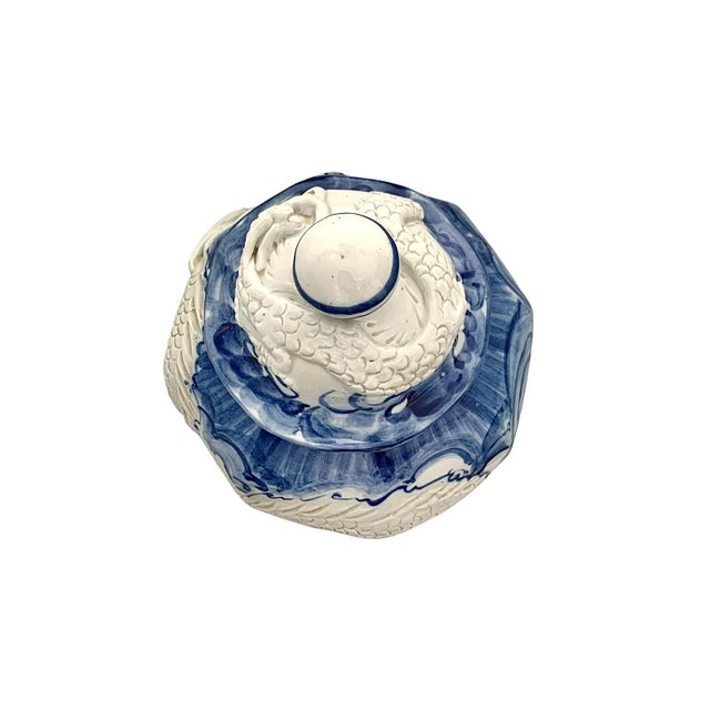 Late 20th Century Late 20th Century Ginger Jar Large Heavy Blue and White Porcelain 3d Relief Dragon Vintage Asian Decor For Sale - Image 5 of 6