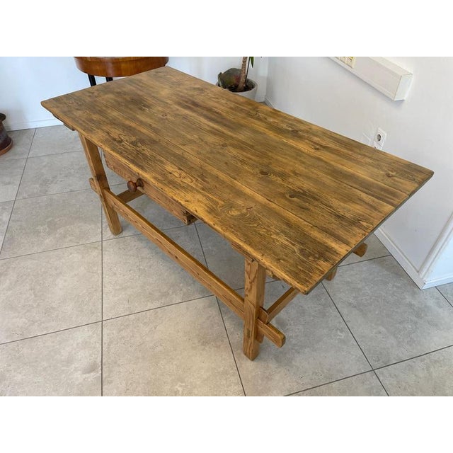 Wood Antique Farm Dining Table For Sale - Image 7 of 9