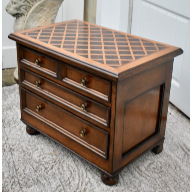 Wood Accent Chest Nightstand French Louis XIII Style Small 3 Drawer Parquet Top For Sale - Image 12 of 12