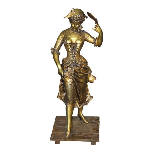 19th C. Large Belle Epoque Bronze Statue of Lady With Fan Signed Paul Dubois For Sale