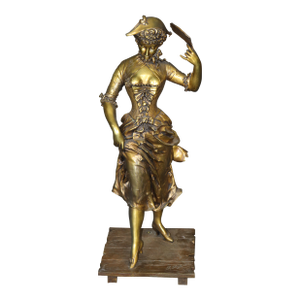 19th C. Large Belle Epoque Bronze Statue of Lady With Fan Signed Paul Dubois