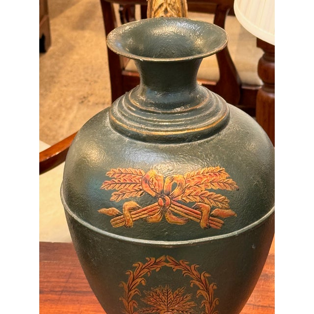 Metal Pair of Neoclassical Tole Urns For Sale - Image 7 of 11