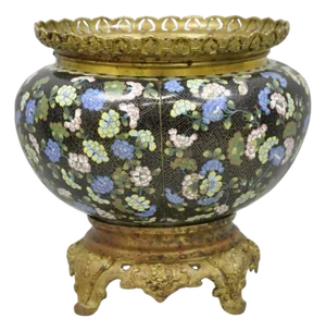 Antique Chinese Black Cloisonne Enamel Butterfly & Flower Bronze Cachepot Vase