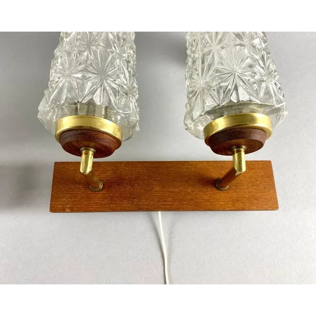 Double Arm Wall Lights with Cylindrical Glass Shades and Wooden Bases, Germany, Set of 2 For Sale - Image 5 of 10
