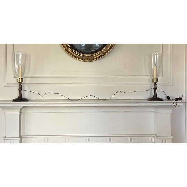 Georgian Style Mahogany & Brass Candlestick Lamps With Hurricane Shades - A Pair For Sale - Image 15 of 18