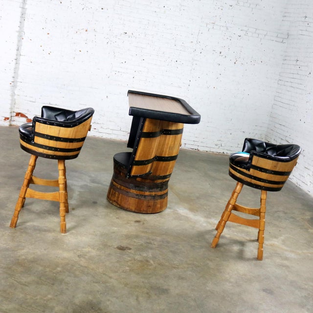 Mid Century Whiskey Barrel Bar and Swivel Bar Stools by Brothers