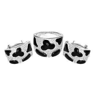 Late 20th Century 14K White Gold Onyx Diamond Animal Paw Print Earrings Ring Set, 3 Pieces For Sale