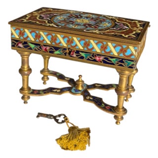 Antique French Cloisonne Enamel Trinket Box With Key For Sale