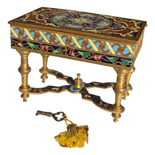 Antique French Cloisonne Enamel Trinket Box With Key For Sale
