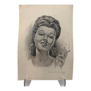1940s Original Signed Graphite Illustration of Glamorous Woman With Cigarette, 10.75 X 7.75 In. For Sale