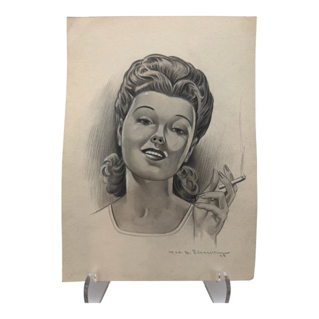 1940s Original Signed Graphite Illustration of Glamorous Woman With Cigarette, 10.75 X 7.75 In. For Sale