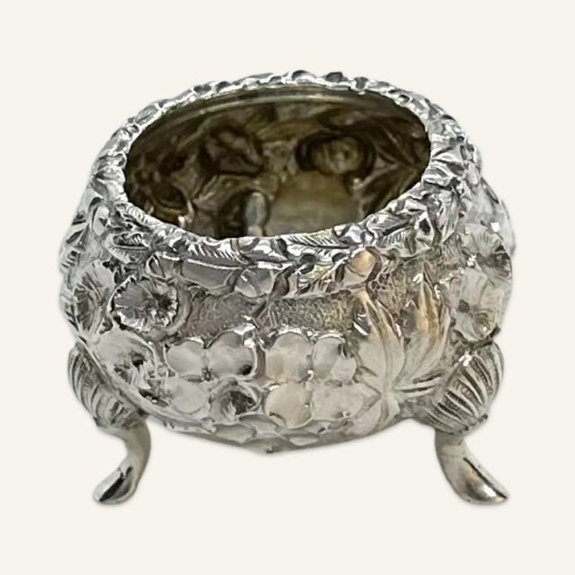 19th century S. Kirk & Son Co Repousse pattern sterling silver salt cellar. Floral relief. Monogrammed “CRM.” In good...
