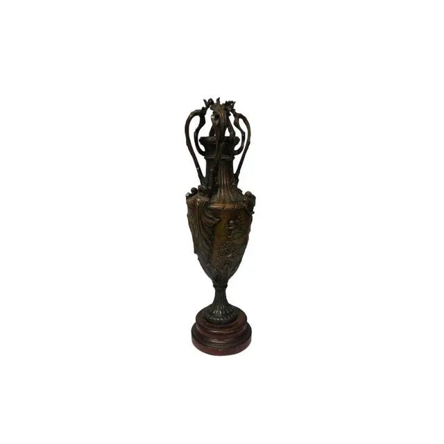 Antique Dark Patinated Brass Decorative Urn With Wood Base For Sale - Image 11 of 11