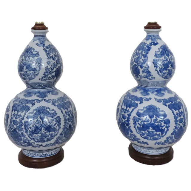 Ralph Lauren Chinoiserie Ralph Lauren Designer Table Lamps Blue & White Gourd Shape Koi Fish - a Pair For Sale - Image 4 of 10