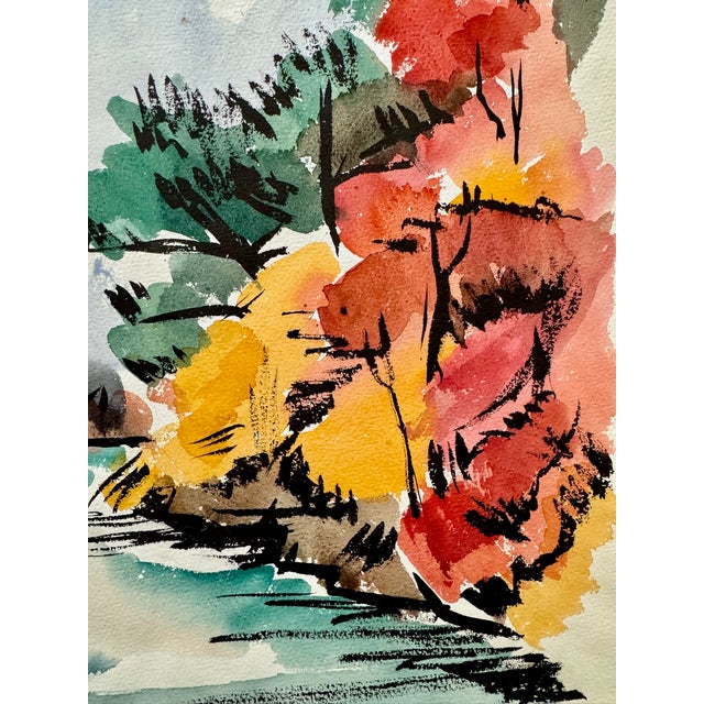 Rustic Henry Emil Salloch Original Watercolor on Paper Vivid Autumn Lakeside Scene, 1963 For Sale - Image 3 of 7
