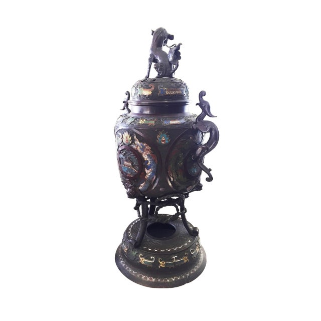 Superb elegant Large Antique Chinoiserie Bronze and Champleve ( enamelwork in which hollows made in a metal surface are...