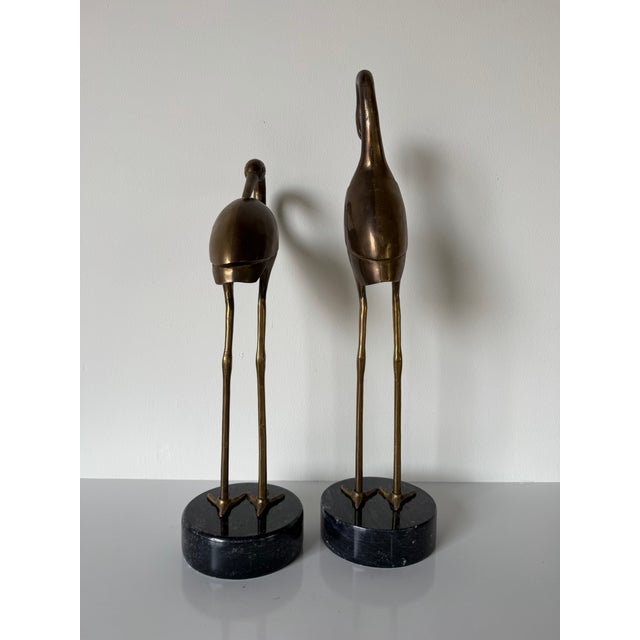 Pair of Life-Size Vintage Brass Crane Sculptures on Black Marble Bases For Sale In Miami - Image 6 of 12