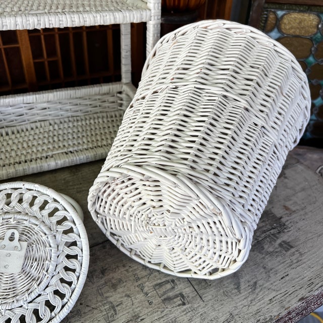Vintage White Wicker Bathroom Set | Shelf Towel Rings Wastebasket | Rustic Boho Cottagecore Decor For Sale In Kansas City - Image 6 of 8