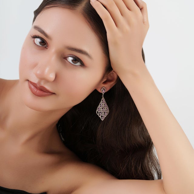 Sparkling Elegant 5.07 TCW Pink Sapphire & Diamond Partywear Dangle Earrings, 2 Pieces For Sale - Image 6 of 13