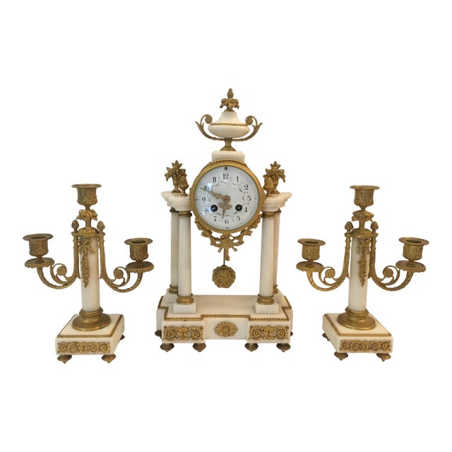 19th Century French Louis XVI Style Ormolu and White Marble Boudoir Clock Set For Sale