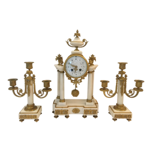 19th Century French Louis XVI Style Ormolu and White Marble Boudoir Clock Set