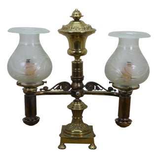 Antique Regency Brass Double Argand Hurricane Lamp Candlestick Candelabra Light For Sale