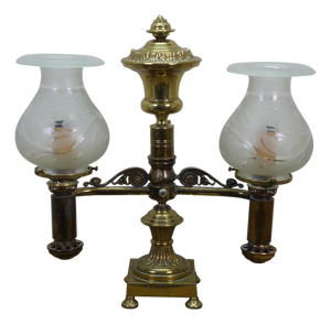 Antique Regency Brass Double Argand Hurricane Lamp Candlestick Candelabra Light