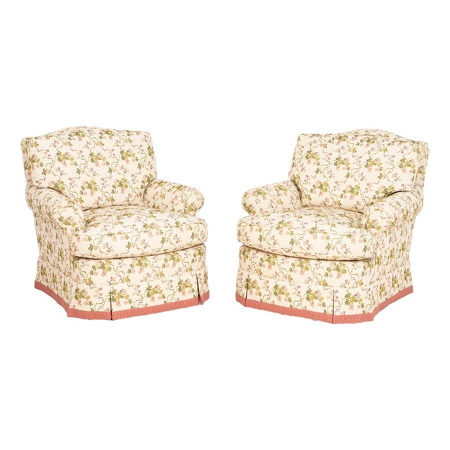 Dapha Floral Upholstered Swivel Arm Chairs, Pair For Sale