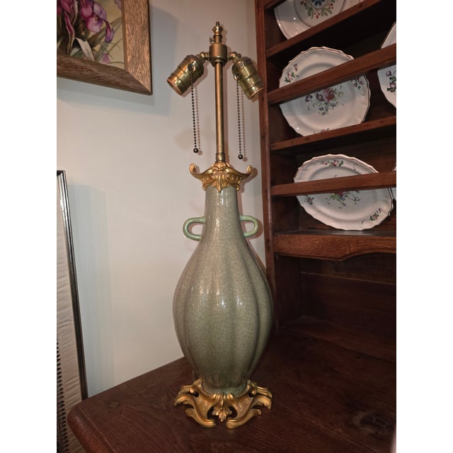 Antique Celadon Lamp With Gilt Bronze Mounts For Sale - Image 9 of 9