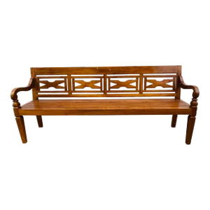 Late 20th Century Hand Carved Teak Decorator Bench.
