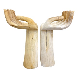 Hand Carved Teak Hand Bar Stool Chairs in the Style of Pedro Friedeberg - A Pair For Sale