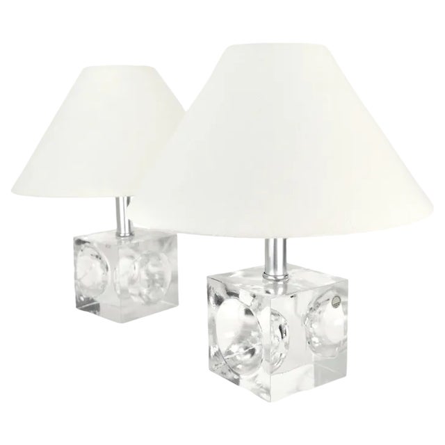 Crystal Cubic Table Lamps from Royal Leerdam, 1970s, Set of 2 For Sale