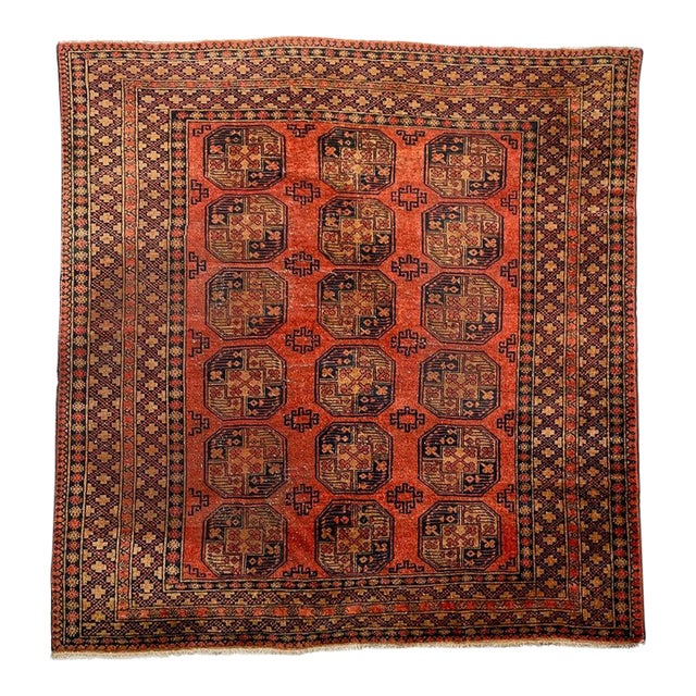 Antique Ersari Burnt Orange, Copper, Rust, Camel & Indigo Elephant Tracks Rug 8.7 x 9.2 For Sale