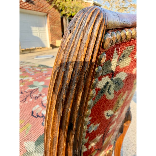 Antique Karpen French Style Needlepoint Bench, Carved Wood, Floral Tapestry For Sale - Image 10 of 12