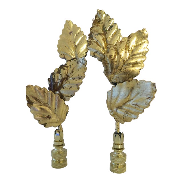 Vintage Italian Gold Leaf Tole Finials, Mid Century Emerald Green, a Pair by C. Damien Fox For Sale