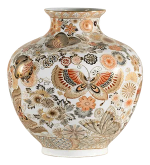 Kutani-Style Japanese Vase with Butterflies and Florals on White Ground