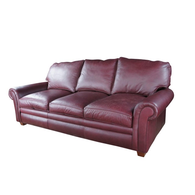 American Vintage Hancock & Moore Traditional Red Leather 3 Seater Sofa Rolled Arms For Sale - Image 3 of 13