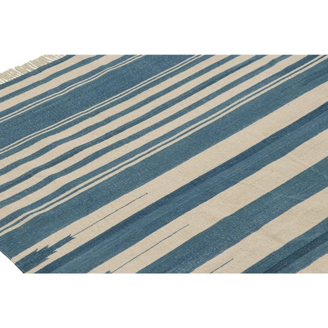 Rug & Kilim’s Contemporary Dhurrie Rug in Blue and Cream White Stripes For Sale In New York - Image 6 of 7