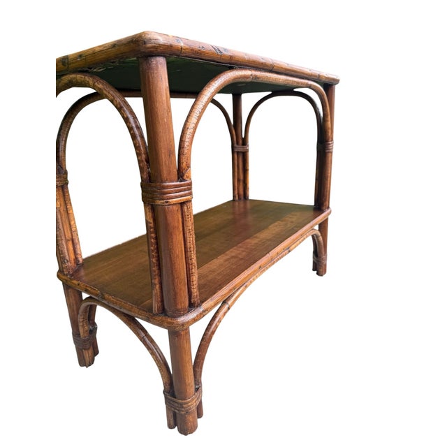 Vintage Bamboo Two-Tier Side Table | Hollywood Regency Coastal Rattan Accent Table For Sale - Image 9 of 10