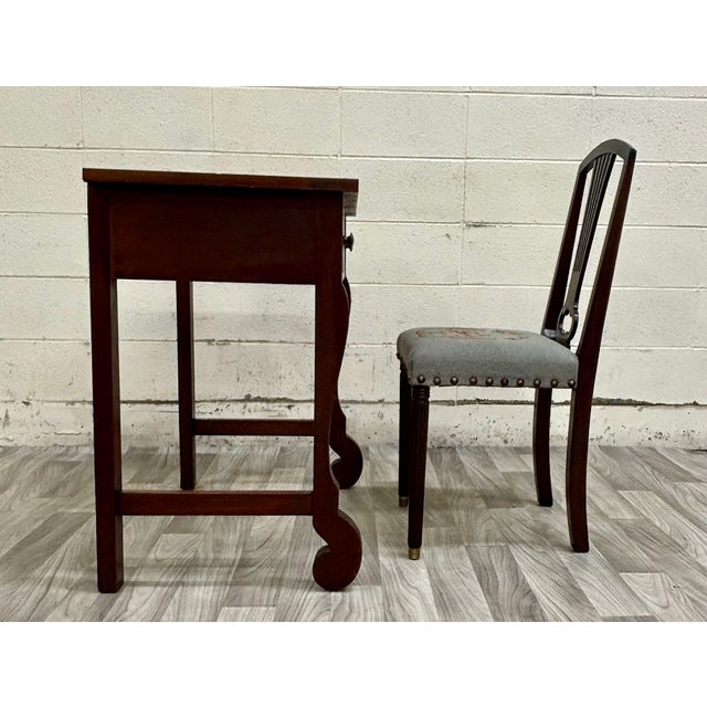 Traditional Antique American Empire Mahogany Writing Desk With Lyre Back Needlepoint Chair For Sale - Image 3 of 13