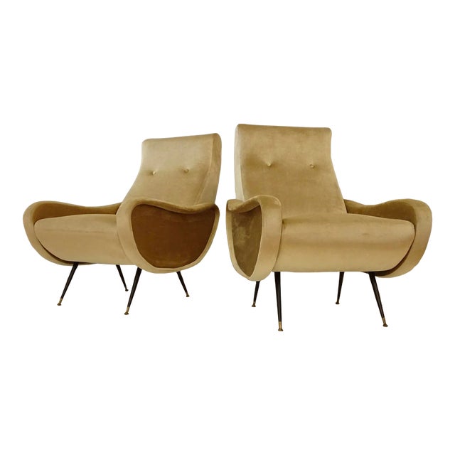 1960s Pair of Zanusso Lady Chairs Pair Gold Beige Velvet For Sale