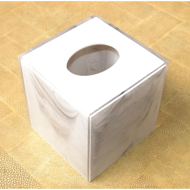Vintage White Faux Marble Lucite Encased Tissue Box Cover Boutique Box For Sale - Image 13 of 13