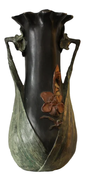 Antique Art Nouveau Bronze Enamel Hand-Painted Lily Flowers Vase in the Style of Daum Nancy From Belgium