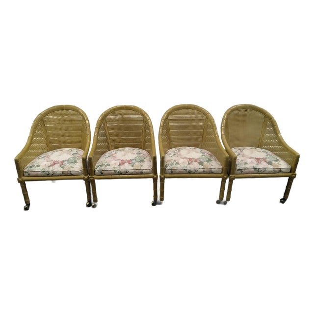 4 Vintage Cane Chairs on Coasters For Sale