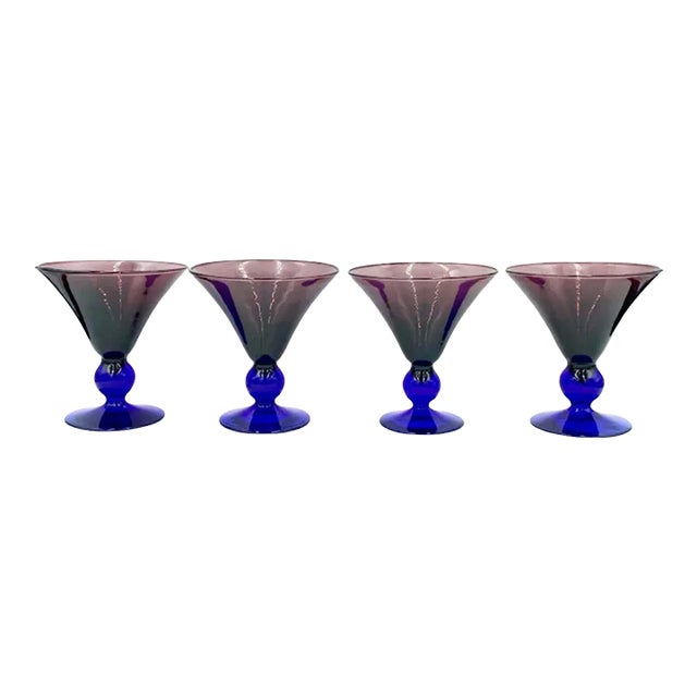 Vintage Set of 4 Martini Glasses Purple Cobalt Blue Art Deco Style Cocktail Stemware For Sale