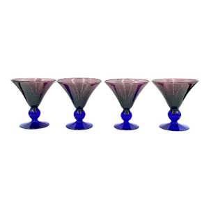 Vintage Set of 4 Martini Glasses Purple Cobalt Blue Art Deco Style Cocktail Stemware